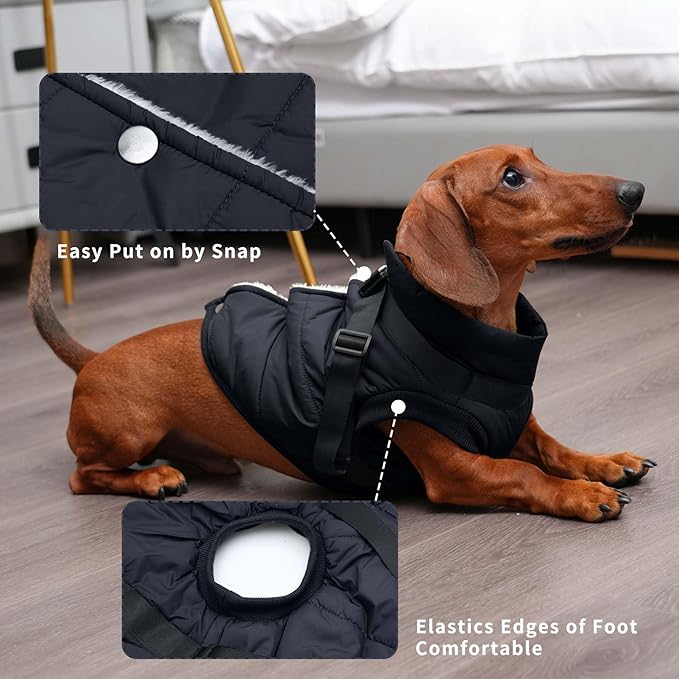 Dog Jacket with Harness,Fleece Lined Warm Puppy Coat for Winter,Soft Windproof Large Dog Vest,Black XXXL