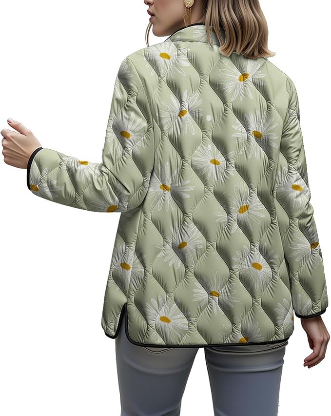 LIZALIG Women's Cropped Puffer Jacket Lightweight Floral Print Long Sleeve Padded Quilted Puffy Cardigan Coat