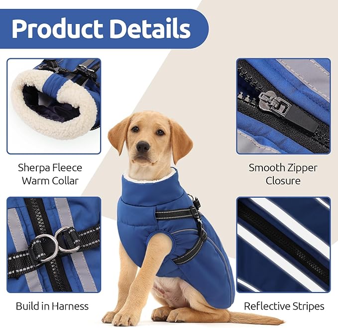 Dog Winter Coat with Harness Built in Warm Puffer Dog Jackets for Small Medium Large Dogs Windproof Waterproof Outfit with Plush Lining and Reflective Stripes (Blue, M)