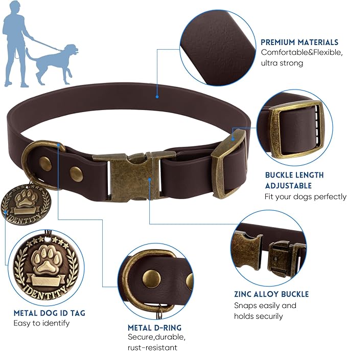 Wisedog Dog Collar and Leash Set, Waterproof Adjustable Puppy Collars with Cute Tag 6FT Dog Leash with Poop Bag for Small Medium Large Dogs (S(Collar:10"-14";Leash:4 ft), Brown)