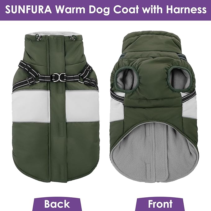 SUNFURA Dog Winter Coat, Waterproof Dog Coat Jacket with Harness for Medium Dogs Boys Girls, Reflective Fleece Lined Pet Snow Jacket Sweaters for Pug, Jack Russel, Boston Terrier, Army Green M