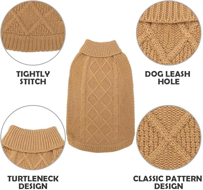 Mihachi Turtleneck Dog Sweater - Winter Coat Apparel Classic Cable Knit Clothes with Leash Hole for Cold Weather, Ideal Gift for Pet in New Year