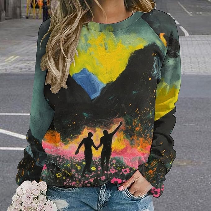 Long Sleeve Shirts for Women Cat Oil Painting Shirt 3D Graphic Sweatshirts Fall Pullover Crewneck Vintage Boho Tops