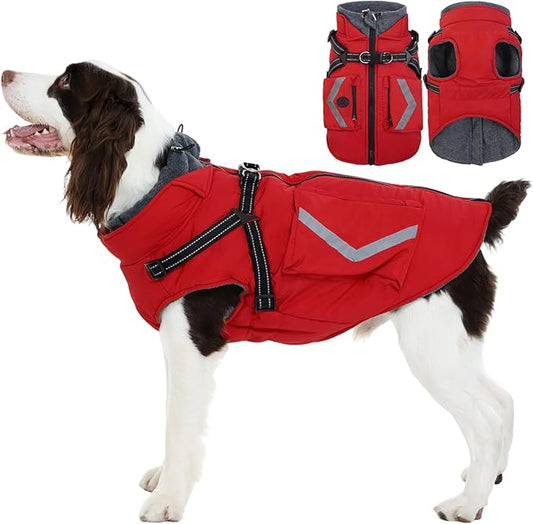 FUAMEY Winter Dogs Coat with Back Zipper, Reflective Dog Jacket with Pop Bag Pockets, Thermal Doggies Vest Warm Clothes Fleece Lined, Extra Large Doggy Cold Weather Coats, Shiba Inu (Red, XL)