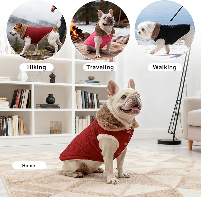 BEAUTYZOO Winter Dog Vest Coat with Harness Built in, Warm Puppy Jacket for Small Medium Dogs, Lightweight Cold Weather Small Dog Coat, Fleece Puffer Vest Windproof Snowproof Pet Clothes, Wine Red L