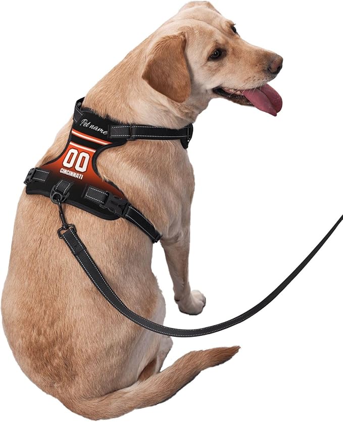 Custom Cincinnati Dog Harness with Reflective Stripes Personalized Name and Number Dog Vest Harness with Pet Traction Rope for Small Medium Large Dog