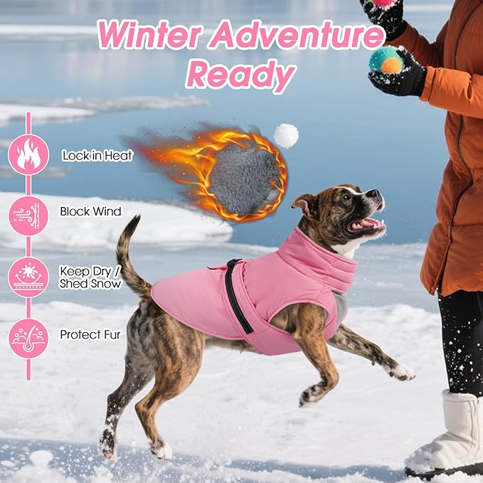 XL Dog Coat, Warm Dog Winter Jacket, Waterproof Dogs Snowsuit with Foldable High Collar, Reflective Strips, Leash Hole, and Adjustable Hook & Loop Closure - Ideal for Cold Weather - Pink XL