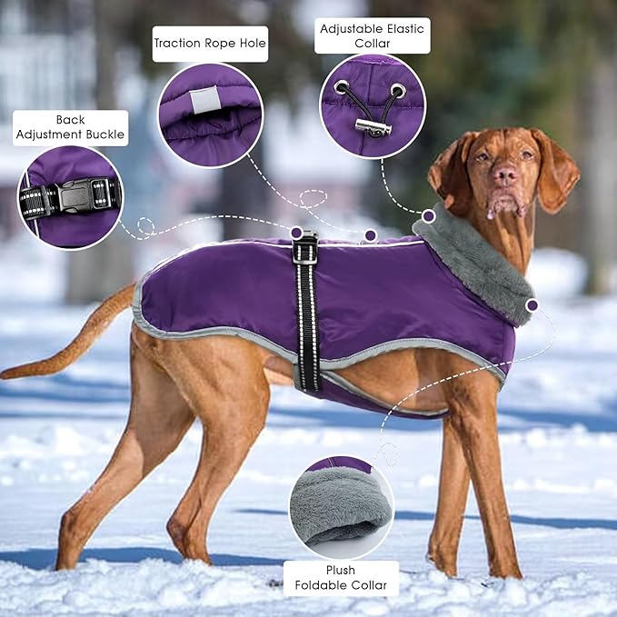 Dog Coat for Large Dogs,XL Dog Winter Jacket,Warm Turtleneck Dogs Coat with Reflective,Pet Vest Water-Resistant Doggy Snowsuit Snow Jacket,Winter Waterproof Windproof Pet Vest Coats,Purple,XL