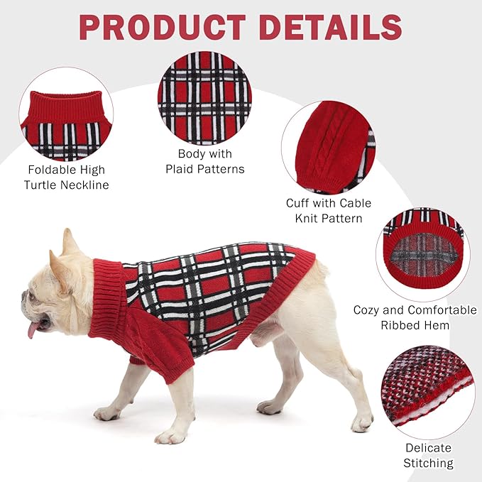 SCENEREAL Turtleneck Dog Sweater for Small Medium Large Dogs Girls Boys, Christmas Plaid Pullover Puppy Sweatershirt, Dogs Cold Weather Outfit Clothes, Ideal Gift for Pet in New Year, Red Plaid ML
