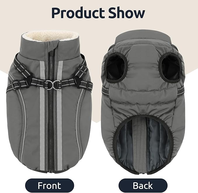 Dog Winter Coat with Harness Built in Warm Puffer Dog Jackets for Small Medium Large Dogs Windproof Waterproof Outfit with Plush Lining and Reflective Stripes (Grey, XS)