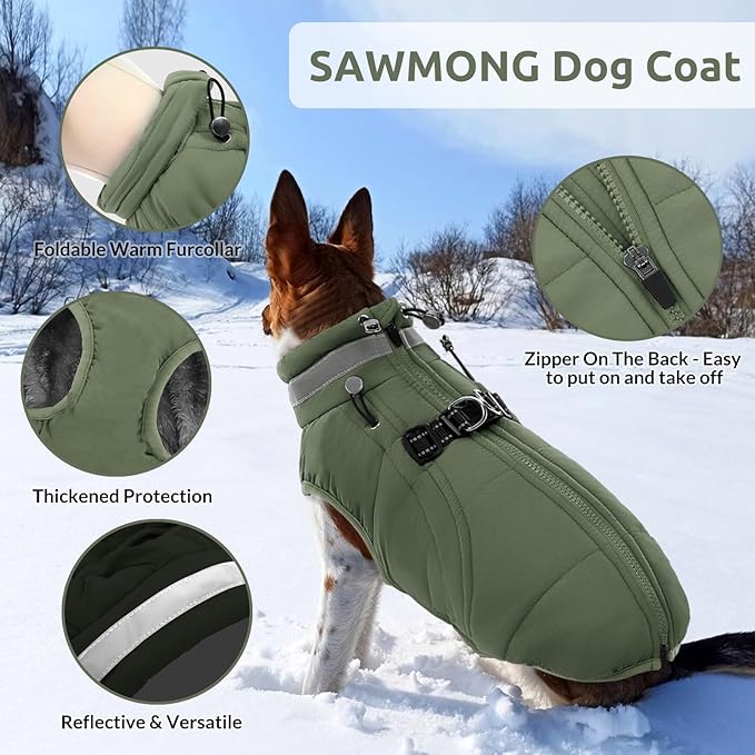 SAWMONG Dog Coat, Warm Dog Winter Coat, Waterproof Fleece Jacket, Cold Weather Dogs Jacket (L,Green)
