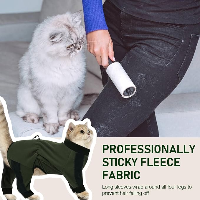 Cat Pajamas for Cats Only, Sticky Hair Cat Clothes, Long Sleeve Sphynx Clothes, Anti-Licking or Skin Disease Recovery Suit for Female Cats, Kitten Onesie Pajamas, ArmyGreen, M