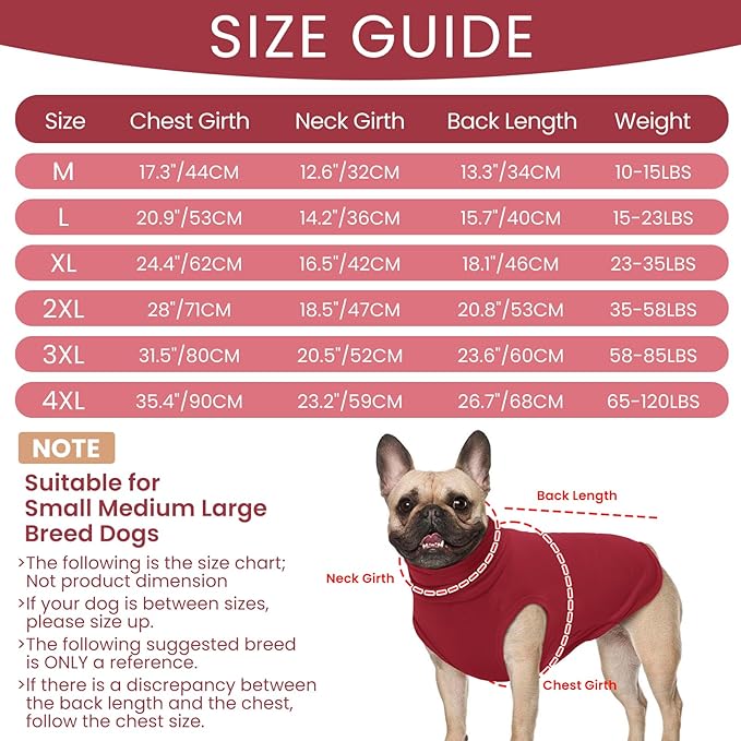 ROZKITCH Dog Sweaters Soft Fleece Pullover Sweatshirt Pajamas, Turtleneck Warm Pet Cold Weather Jacket Stretchy Vest Jumpsuit Apparel Outfit Clothes for Small Medium Large Dogs Walking Sleep Red 3XL