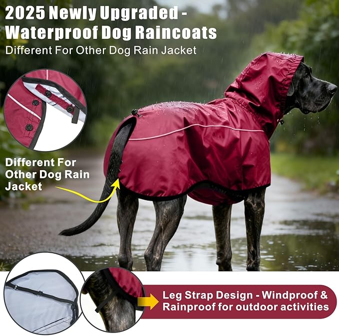 Mosucoirl Dog Raincoat Jacket Reflective Adjustable Hooded Pet Poncho Rain Coats with Leash Hole Waterproof Clothes for Small Medium Large Dogs (Red, XL)