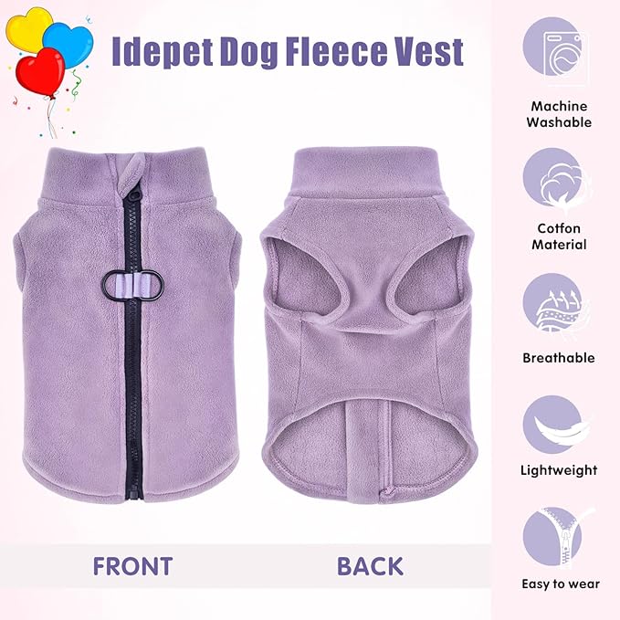 Idepet Dog Fleece Vest Sweater Zip Up Warm Pullover Dogs Jacket with D-Ring Leash Winter Cold Weater Coat Pet Sweatershirt Clothes Hoodie for Small Medium Dogs Boy Girl (Purple, XXL)