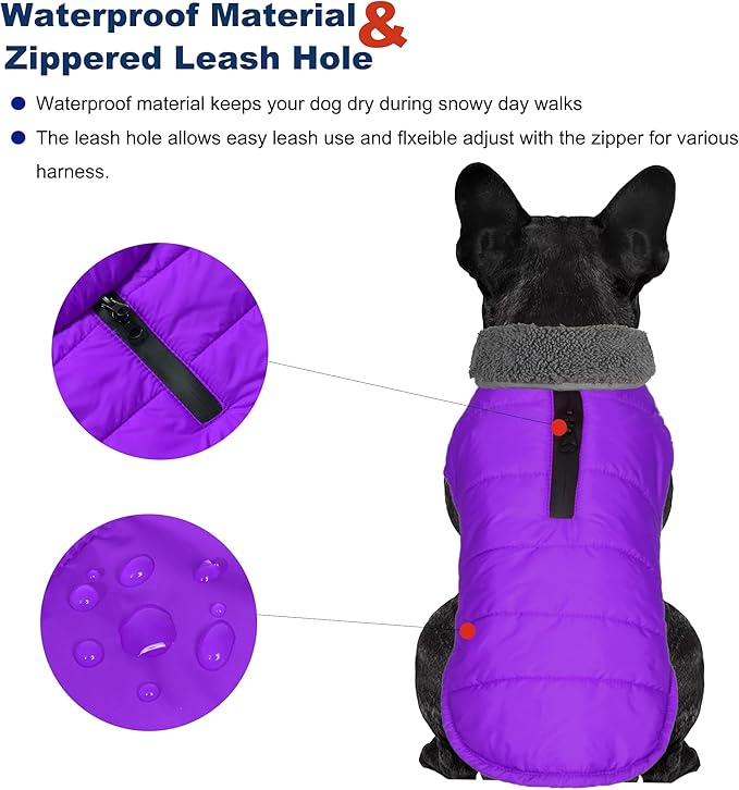 Dog Winter Coat, Waterproof Dog Jacket with Leash Hole, Reflective Adjustable Pet Snow Vest, Warm Fleece Sweater for Small Medium Large Dogs - Purple, S