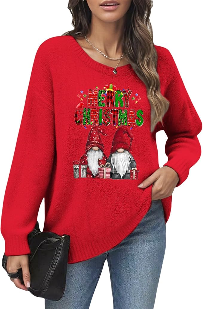 Women's Red Christmas Sweater - Festive Cartoon Patterns, Cozy Knit for Holiday Parties & Gatherings