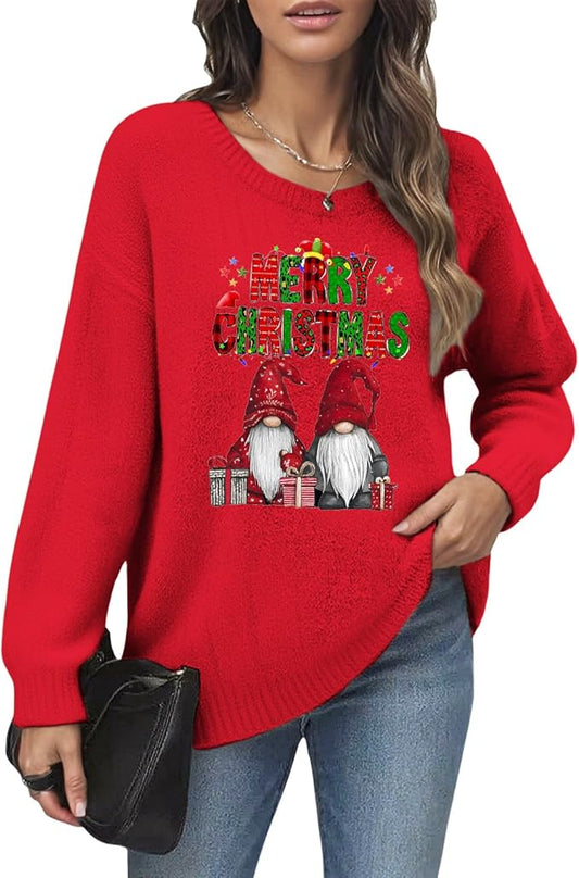 Women's Red Christmas Sweater - Festive Cartoon Patterns, Cozy Knit for Holiday Parties & Gatherings