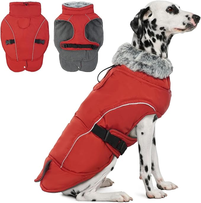 DENTRUN Large Dog Winter Coat - Windproof Reflective Warm Coat, Adjustable Neck & Snap Closure, Water Repellent Thick Fleece Vest, Fleece Lined for for Golden Retriever, Red, XL
