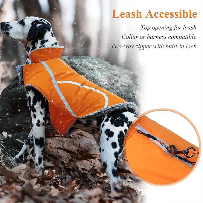 VIVAGLORY Frostfit Dog Coat, Dog Jacket for Winter & Cold Weather, Warm Fluffy Fleece Lined Water Resistant Reflective for Puppy, Coat with Velcro Fastening & Leash Hole, M, Orange