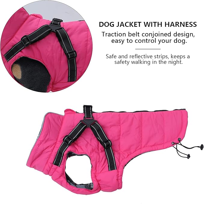Winter Warm Coat Geyecete Waterproof Dog Winter Jacket with Harness Traction Belt,Pet Outdoor Jacket Dog Autumn and Winter Clothes for Medium, Small Dog-Pink-S