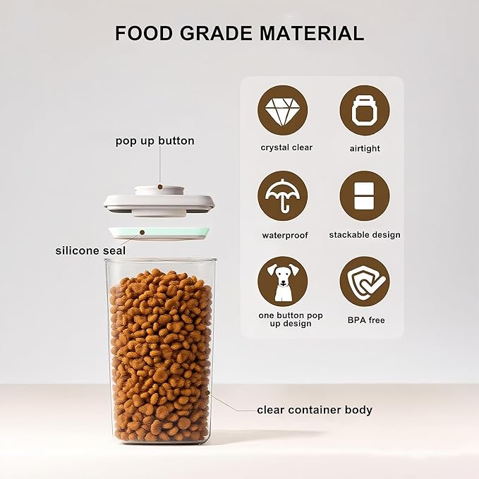 3-5 Lbs Dog-Cat Pop Treat - Airtight Jar - Pet Food Storage Container for Kibble & Treats, 2pcs 4L/4.2qt with 130ml/0.14qt Half Scoop Stackable Pop Lid Plastic Container with Lid