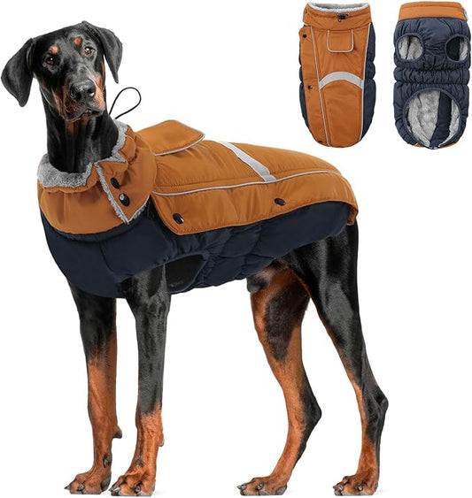 Queenmore Warm Fleece Dog Jacket, Cold Weather Waterproof Dog Snow Jacket with Leash Hole, Reflective Turtleneck Dog Snow Jacket Snowsuit, Dog Warm Coat for Small Medium& Large Dogs(Brown,2XL)
