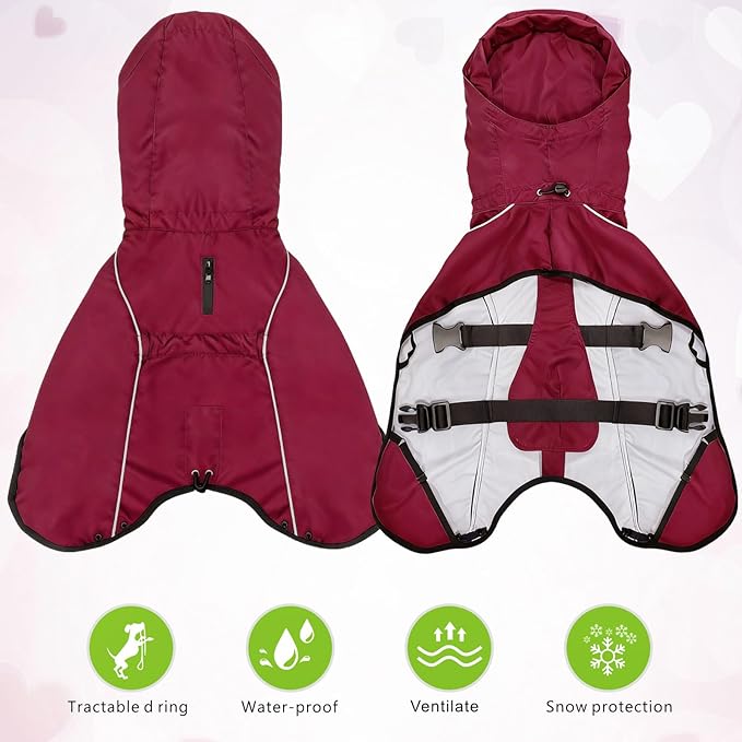 Mosucoirl Dog Raincoat Jacket Reflective Adjustable Hooded Pet Poncho Rain Coats with Leash Hole Waterproof Clothes for Small Medium Large Dogs (Red, XXL)