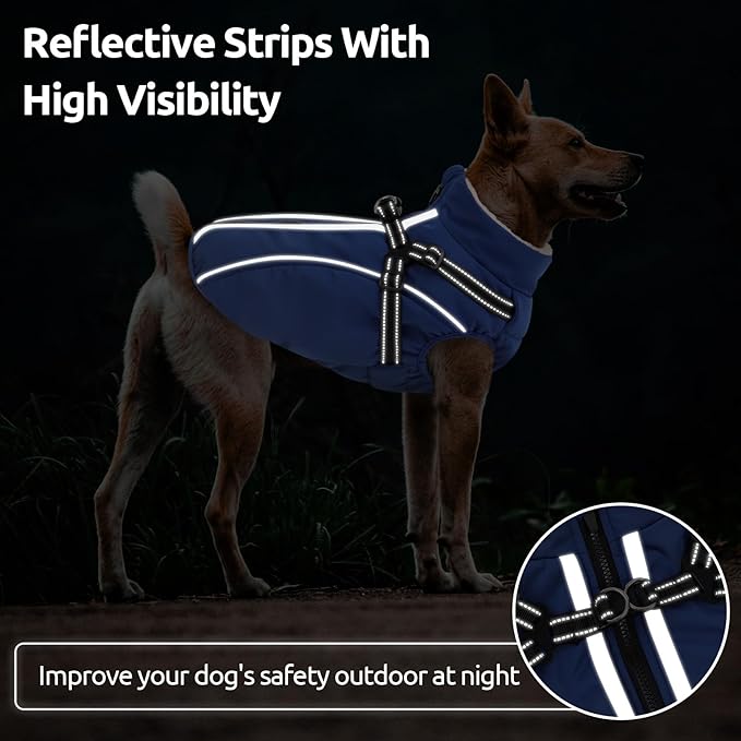 Dog Winter Coat with Harness Built in Warm Puffer Dog Jackets for Small Medium Large Dogs Windproof Waterproof Outfit with Plush Lining and Reflective Stripes (Blue, S)