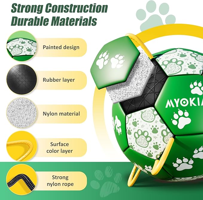 Size 2 Dog Soccer Ball with Straps Durable Training Ball for Pets Interactive Outdoor Dog Toy, Green & White, Paw Design, for Small & Medium Puppie
