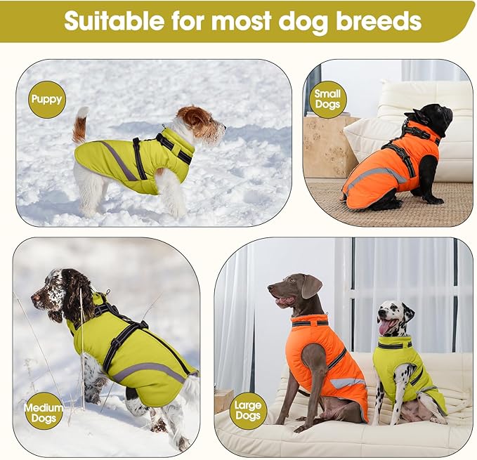 BRKURLEG Dog Winter Jackets for Medium Dogs, Dog Coat with Harness Built in, Dogs Snowsuits with Zipper, Waterproof Windproof Pet Puffer Jacket Fleece Vest for Pug, French Bulldog, Green M