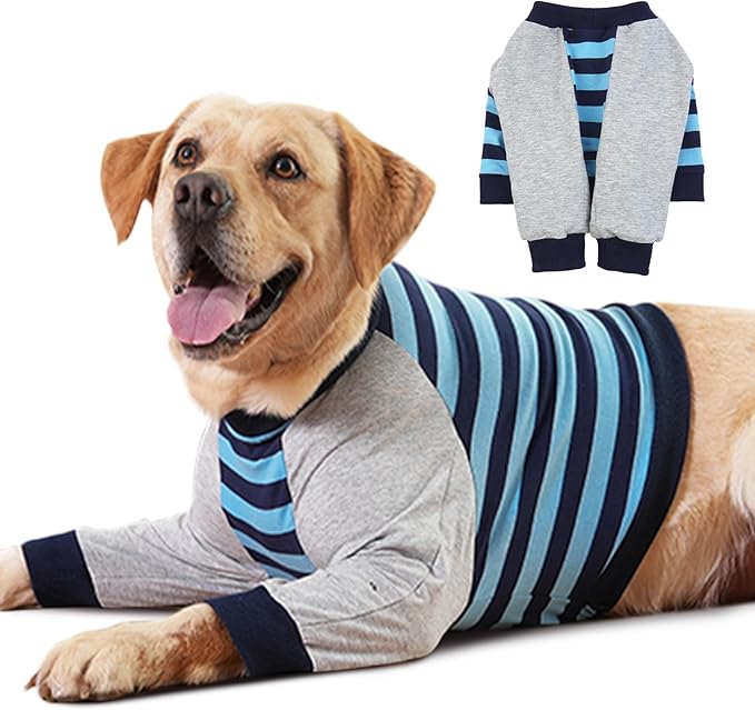 FUAMEY Dog Recovery Sleeve with Elbow Protector,Dogs Shirt Stop Licking Joints,Pet Long Sleeve Suit Protecting Dog's Front Leg Arm Wounds Cover Skin Conditions Blue Stripe 2XL