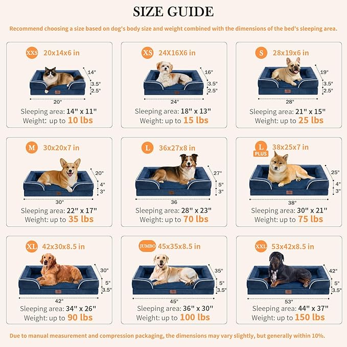 Comfort Expression Orthopedic Dog Bed for Extra Large Dogs 45x35 Inch, Waterproof Egg Crate Foam XL Pet Bed with Removable Bolsters, Dog Couch with Washable Cover & Non-Slip Bottom, Navy Blue