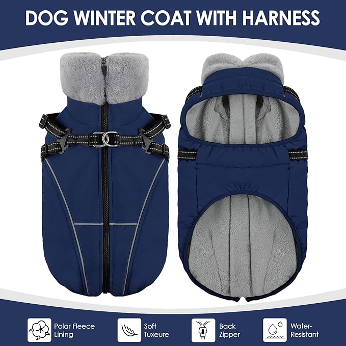 AOFITEE Dog Winter Coat, Waterproof Dog Jacket with Harness Built in, Warm Fleece Dogs Coats for Medium Dogs, Reflective Cozy Thermal Pet Puffer Jacket Snowsuit with Zipper & Furry Collar, Blue M