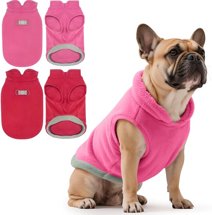 Idepet 2 Pack Dog Fleece Vest Sweater Warm Pullover Jacket with D-Ring Leash Reflective Winter Coat Hoodie for Puppy Cat French Bulldog Pug Chihuahuas Yorkies Dachshunds (Red&Rose Red,X-Large)