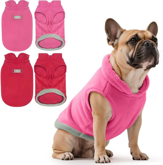 Idepet 2 Pack Dog Fleece Vest Sweater Warm Pullover Jacket with D-Ring Leash Reflective Winter Coat Hoodie for French Bulldog Pug Chihuahuas Yorkies Dachshunds(Red&Rose Red,Large-French Bulldog)