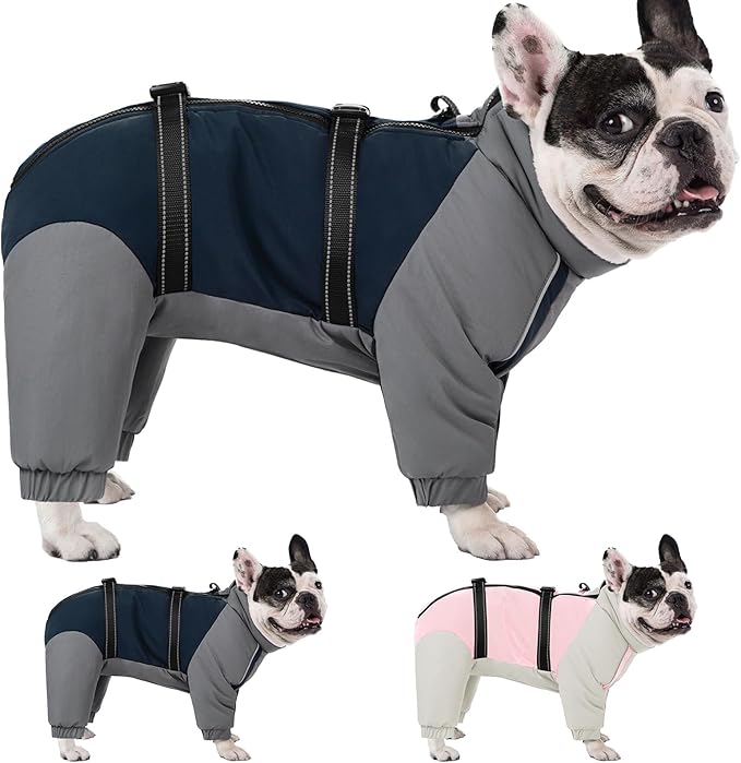 KOESON Four Legged Winter Coat, Warm Small Dog Jacket with Adjustable Buckles, Turtleneck Windproof Dog Fleece Jackets Reflective Fullbody Snowsuit Puffer Coat Blue Grey XS
