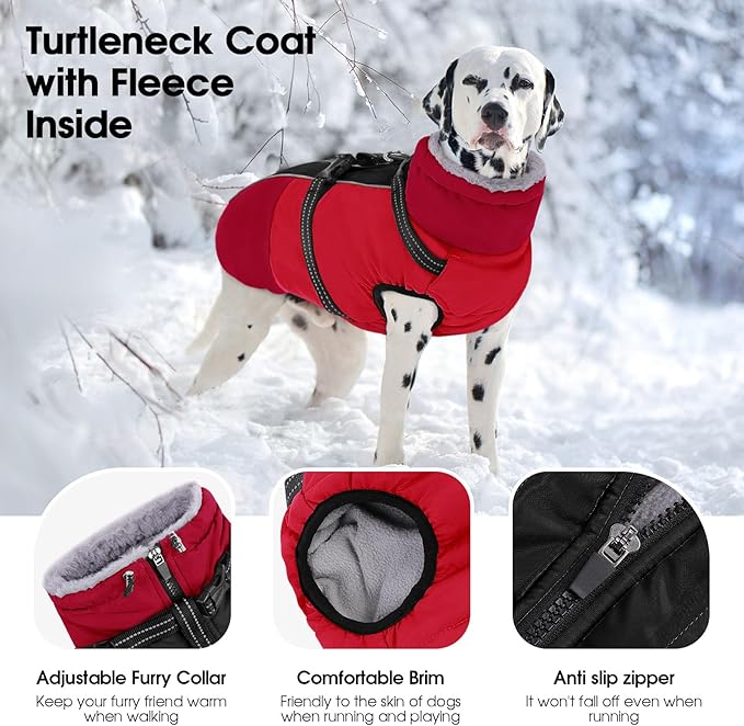 SUNFURA Dog Coat for Small Dogs, Warm Dog Winter Jacket with Harness Built in, Waterproof Pet Snow Jacket Fleece Cold Weather Coats for Puppy Chihuahua, Maltese, Red XS