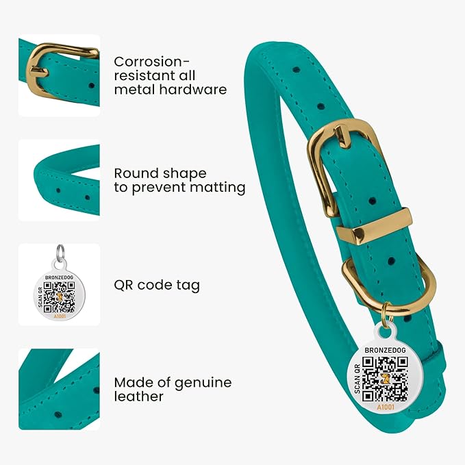 BronzeDog Rolled Leather Dog Collar with QR ID Tag, Adjustable Soft Round Collars for Small Medium Large Dogs Puppy (9" - 11" Neck Size, Turquoise)