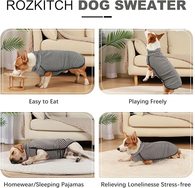 ROZKITCH Dog Winter Coat Soft Pullover Pajamas, Stripe Pet Windproof Warm Cold Weather Jacket Vest Cozy Jumpsuit Apparel Outfit Clothes for Walking Hiking Travel Sleep Stripe M