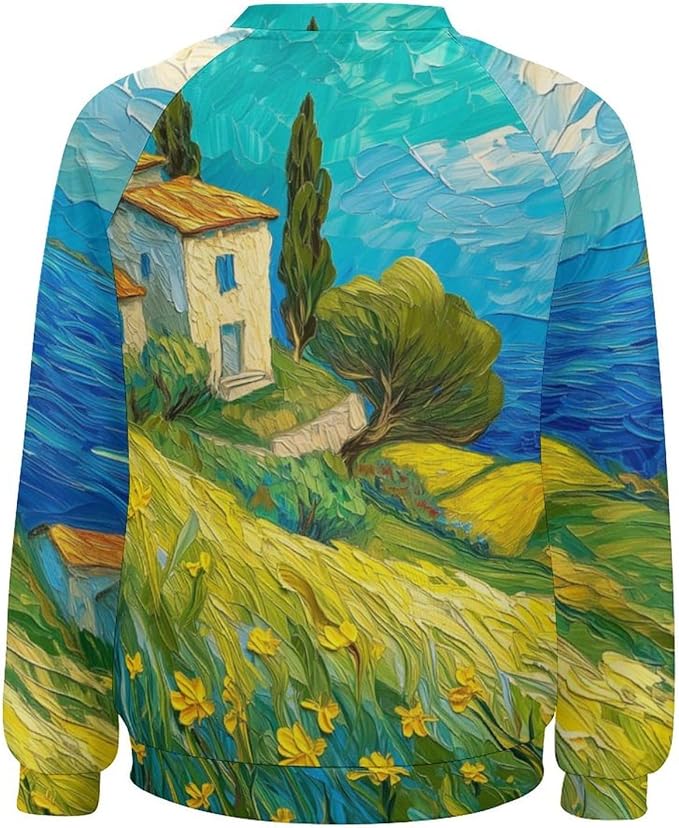 Long Sleeve Shirts for Women Cat Oil Painting Shirt 3D Graphic Sweatshirts Fall Pullover Crewneck Vintage Boho Tops
