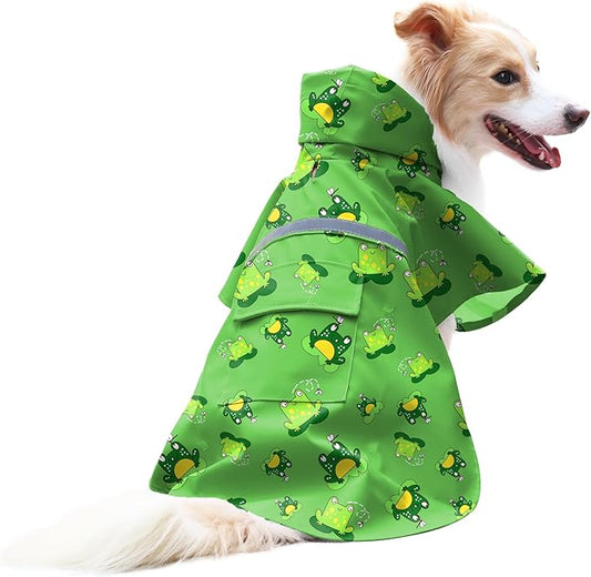 NACOCO Large Dog Raincoat Adjustable - Pet Frog Water Proof Clothes Lightweight Rain Jacket Poncho Hoodies with Strip Reflective Green (M, Green Frog)