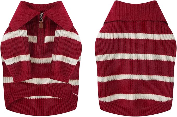 Small Dog Sweater with Zipper, Knitted Striped Pullover Dog Clothes for Cold Weather, Thick Warm Cozy Stretchy Sweater for Chihuahua, Bulldog, Dachshund, Pug(Red & White Strip, XXL)