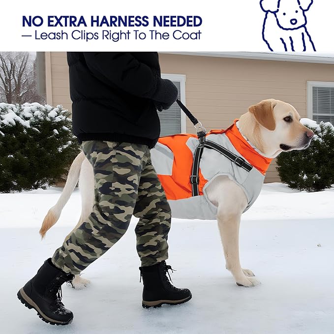 FUAMEY Dog Winter Jackets for Small Dogs,Dog Coat with Harness Built in,Waterproof Dogs Snowsuits Warm Pet Jacket Zip Up Fleece Cold Weather Coats Reflective Puppy Vest with Pocket Orange XS