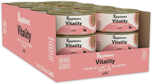 Applaws Vitality Wet Cat Food Paté, Natural Cat Food with Added Vitamins & Minerals, Grain-Free, Carrageenan Free, Tuna Fillet and Salmon Recipe (24 Count, 5.5oz Cans)