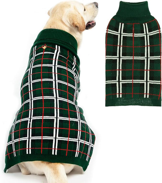 PUPTECK Dog Sweaters for Large Medium Small Dogs - Fall Classic Plaid Style Puppy Holiday Winter Coat Clothes Warm, Green, ML