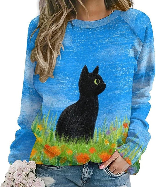 Abstract Cute Cat Shirts for Women Long Sleeve Lady Crewneck Pullover Sweatshirt Fall Winter Oversized Tops