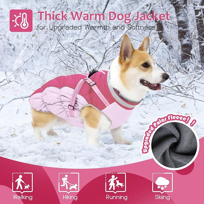 Dog Winter Coat with Harness, Dog Jacket, Pet Clothes with Zipper on Back, Waterproof Windproof Warm Vest, Reflective Cold Weather Coats, for Small Medium Large Dogs, Thick, Pink, XL