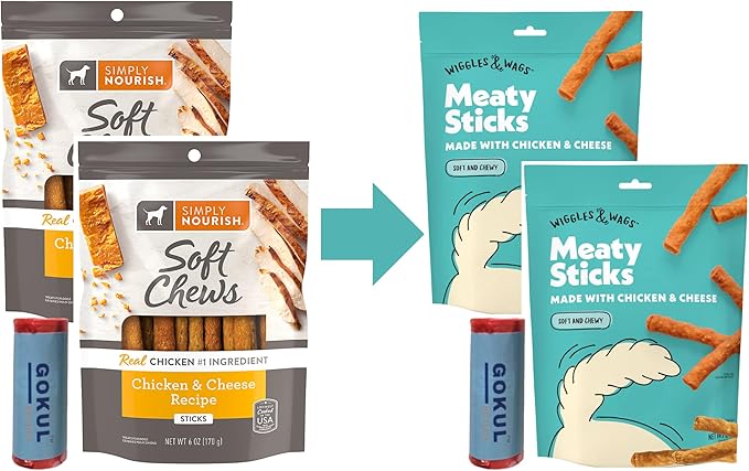 Wiggles & Wags Meaty Sticks Soft Chews, Dog Treats Sticks, Chicken & Cheese Dry Puppy Food - 6oz (Pack of 2), Bundled with Poop Bag