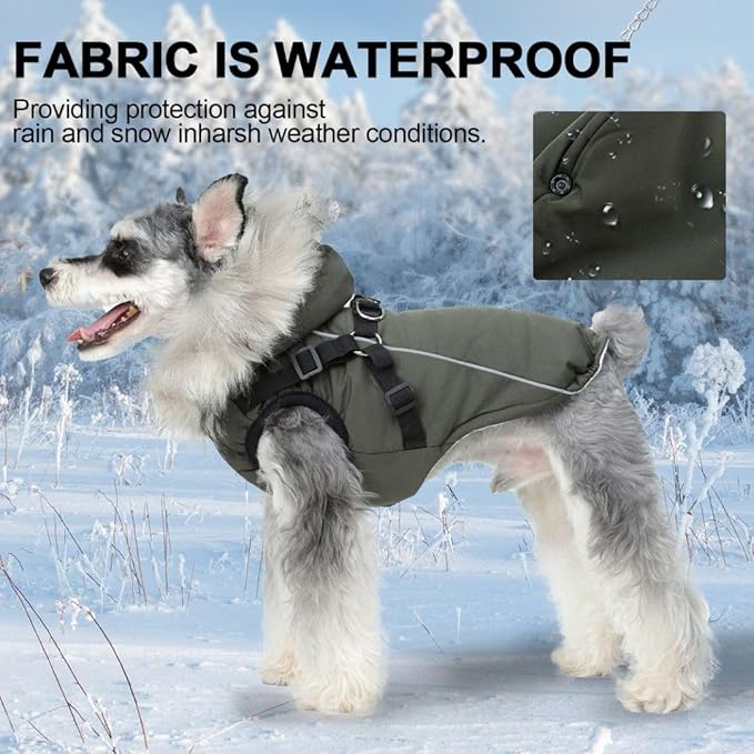 PINA Winter Coat with Waterproof Fabric and Faux Fur Hood, Dog Jacket with Reflective Strap for Small to Large Dogs, Green, S